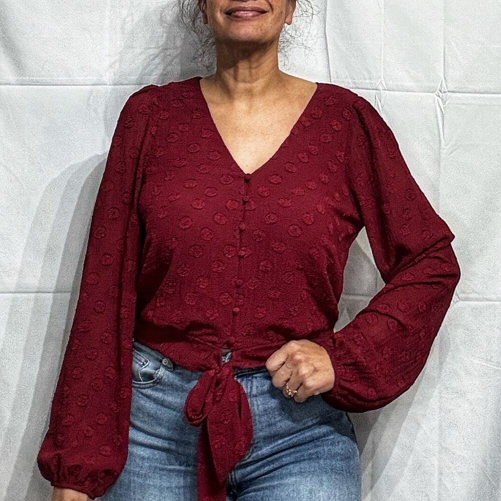 Lush Burgundy Posey Tie Front Crop Blouse Sz M NWT